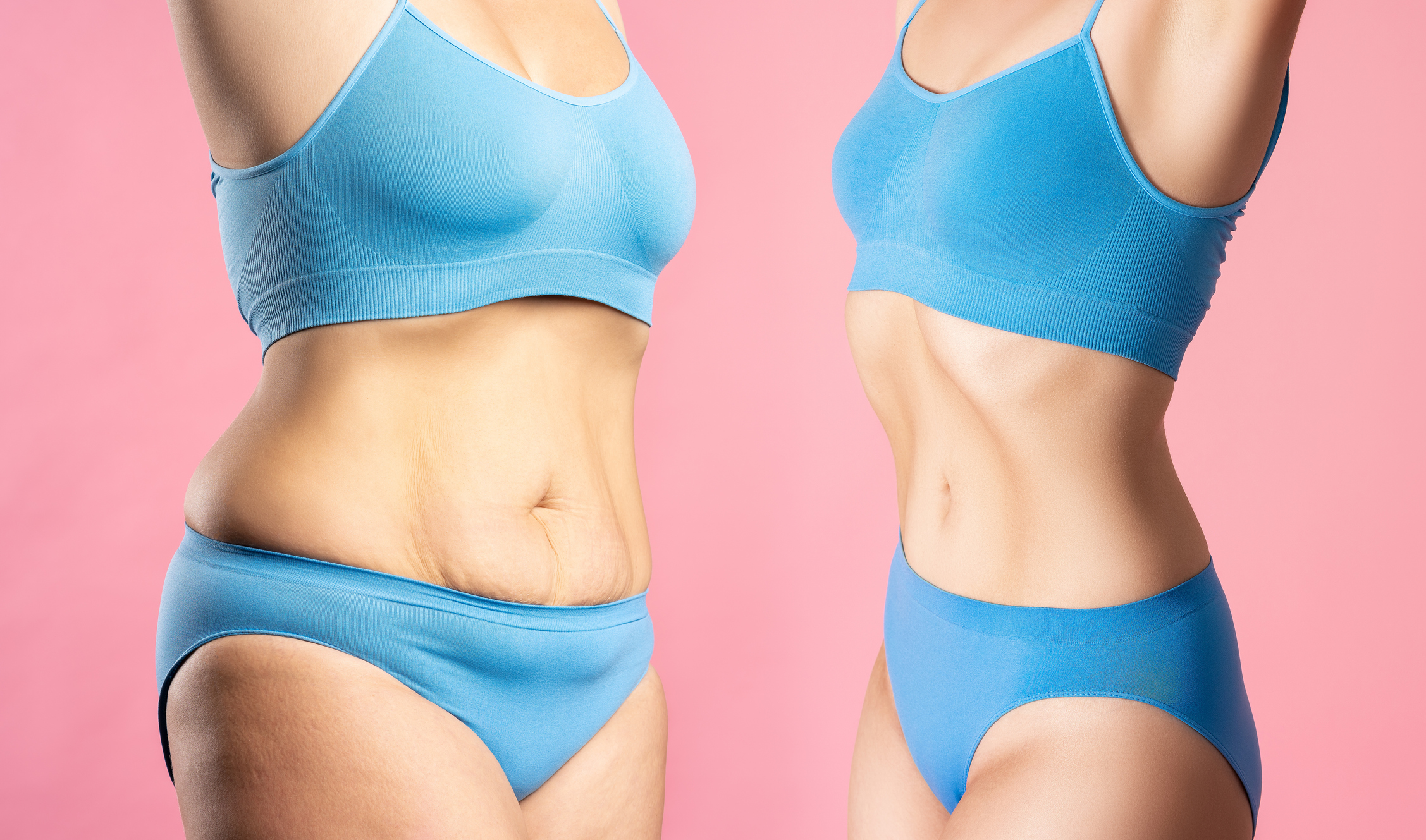Woman's body before and after weight loss on pink background